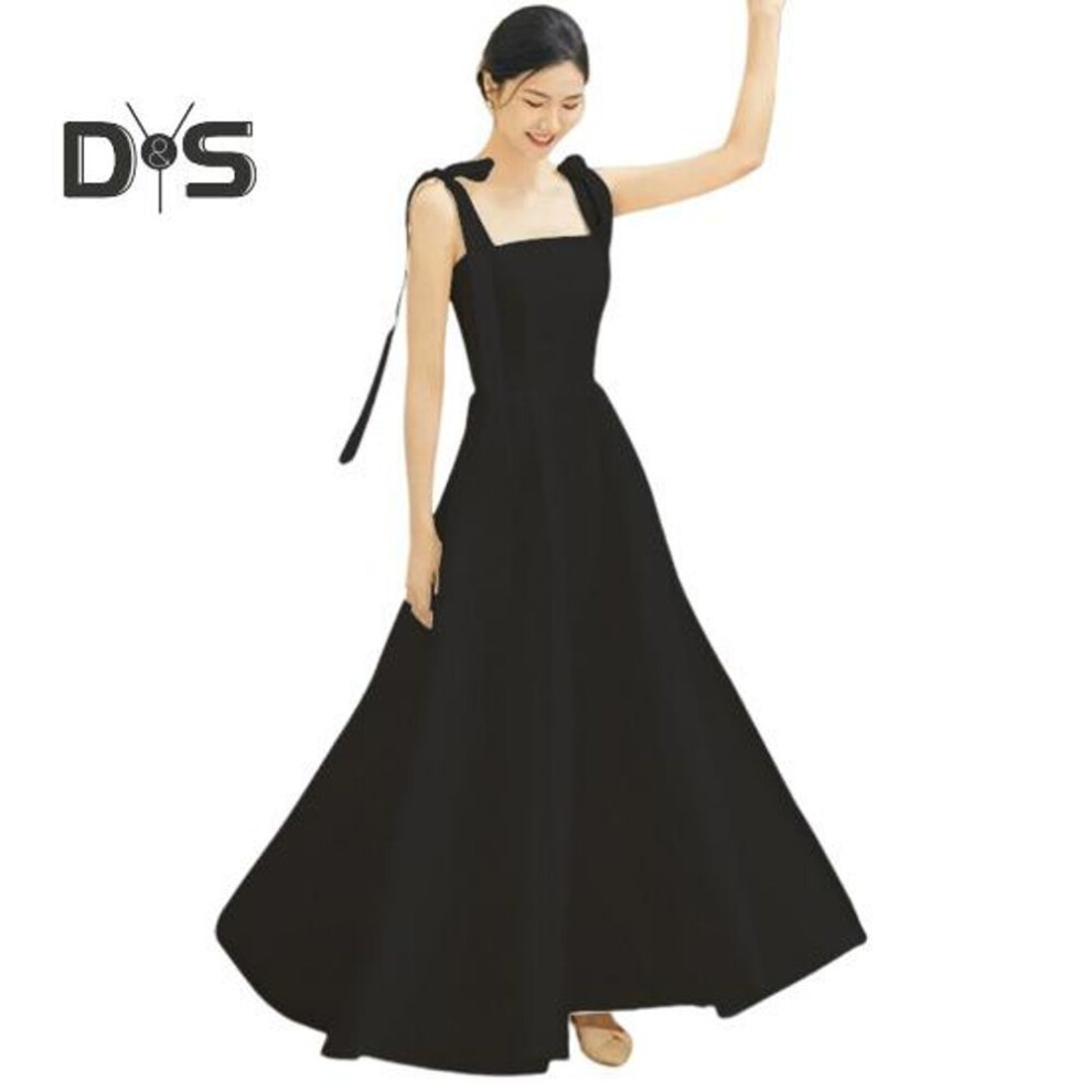 (black, XL) Women Wedding Dress Satin Lace-up Shoulder Strap Bow Square Neck A-line Big Swing Solid Color Sleeveless Filming Photo Taking Evening Dress