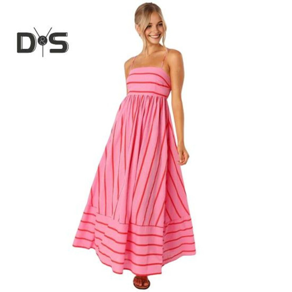 (watermelon red, L) Summer Women Dress Striped Print Sleeveless Backless Spaghetti Strap Hollow Out A-line Big Hem Ankle Length Vacation Beach Maxi Dress