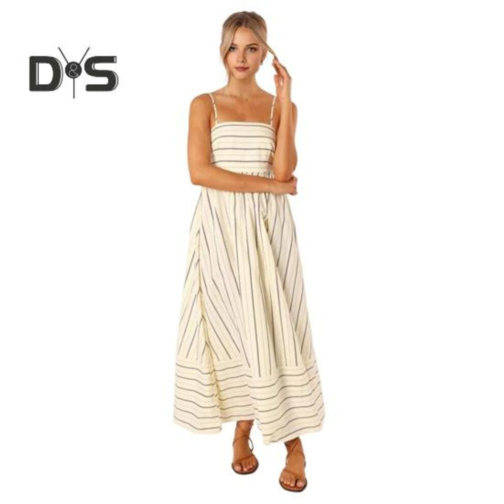 (apricot, S) Summer Women Dress Striped Print Sleeveless Backless Spaghetti Strap Hollow Out A-line Big Hem Ankle Length Vacation Beach Maxi Dress