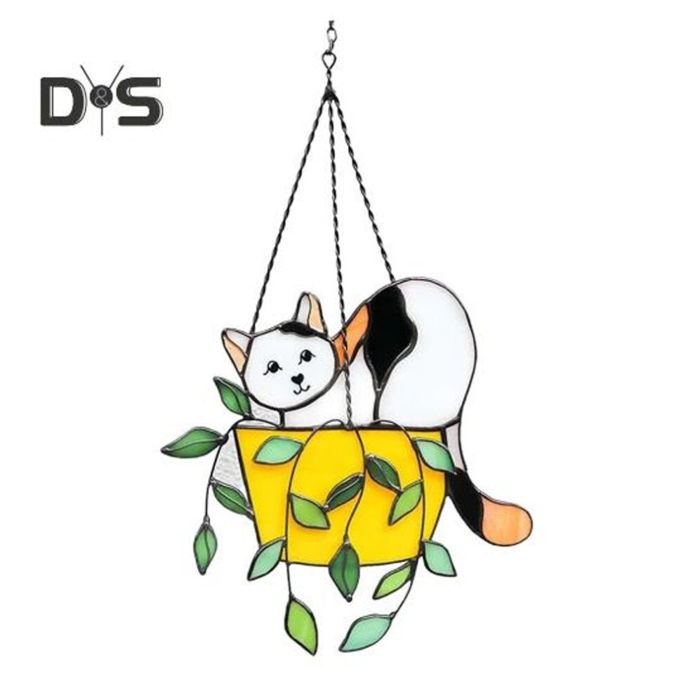 (white, Large) Cat In Flowerpot Hanging Decoration Home Office Indoor Outdoor Wall Art Acrylic Stained Glass Kitten Planter Pot Hanging Ornament Christmas Gift