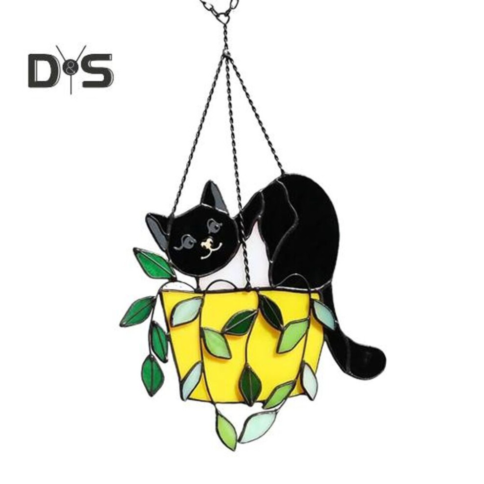 (black, Large) Cat In Flowerpot Hanging Decoration Home Office Indoor Outdoor Wall Art Acrylic Stained Glass Kitten Planter Pot Hanging Ornament Christmas Gift