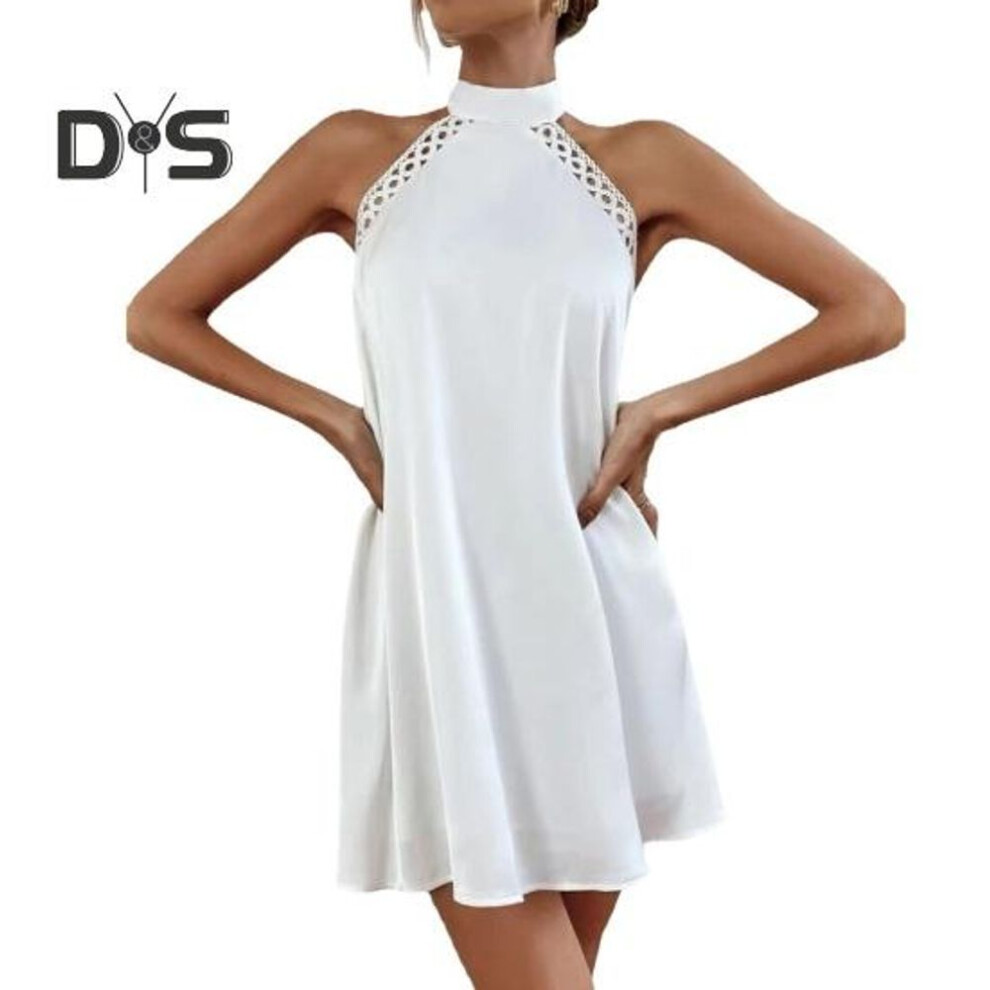 (white, M) Women Halter Sleeveless Mini Dress Off Shoulder Loose Hem Backless Lace Stitching Solid Color Elegant Dress Streetwear
