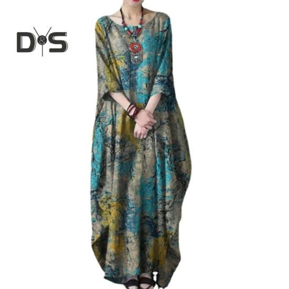 (green, M) Women O neck 3/4 Sleeve Maxi Dress Retro Printing Loose Fit Oversized Ankle Length Long Dress Streetwear