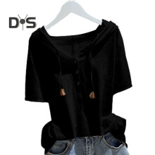(2XL, black) Women Hoodie Short Sleeves Hooded Drawstring Solid Color Loose Soft Casual Pullover Breathable Ladt Summer Top