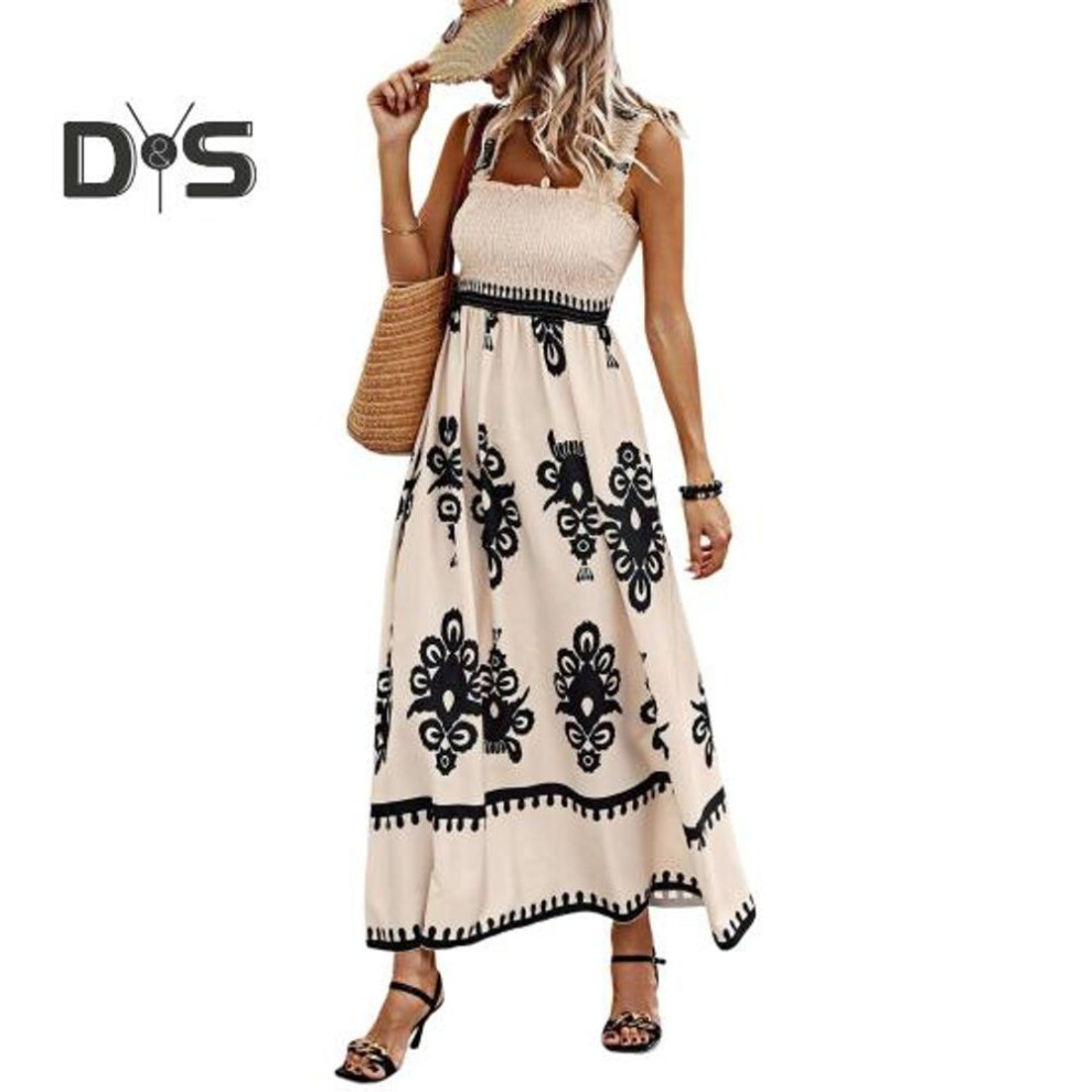 (apricot, XL) Lady Summer Beach Dress Elastic Bust Sleeveless Shirring Printing A-line Big Hem Contrast Color Printing Backless Pleated Vacation Maxi Dress
