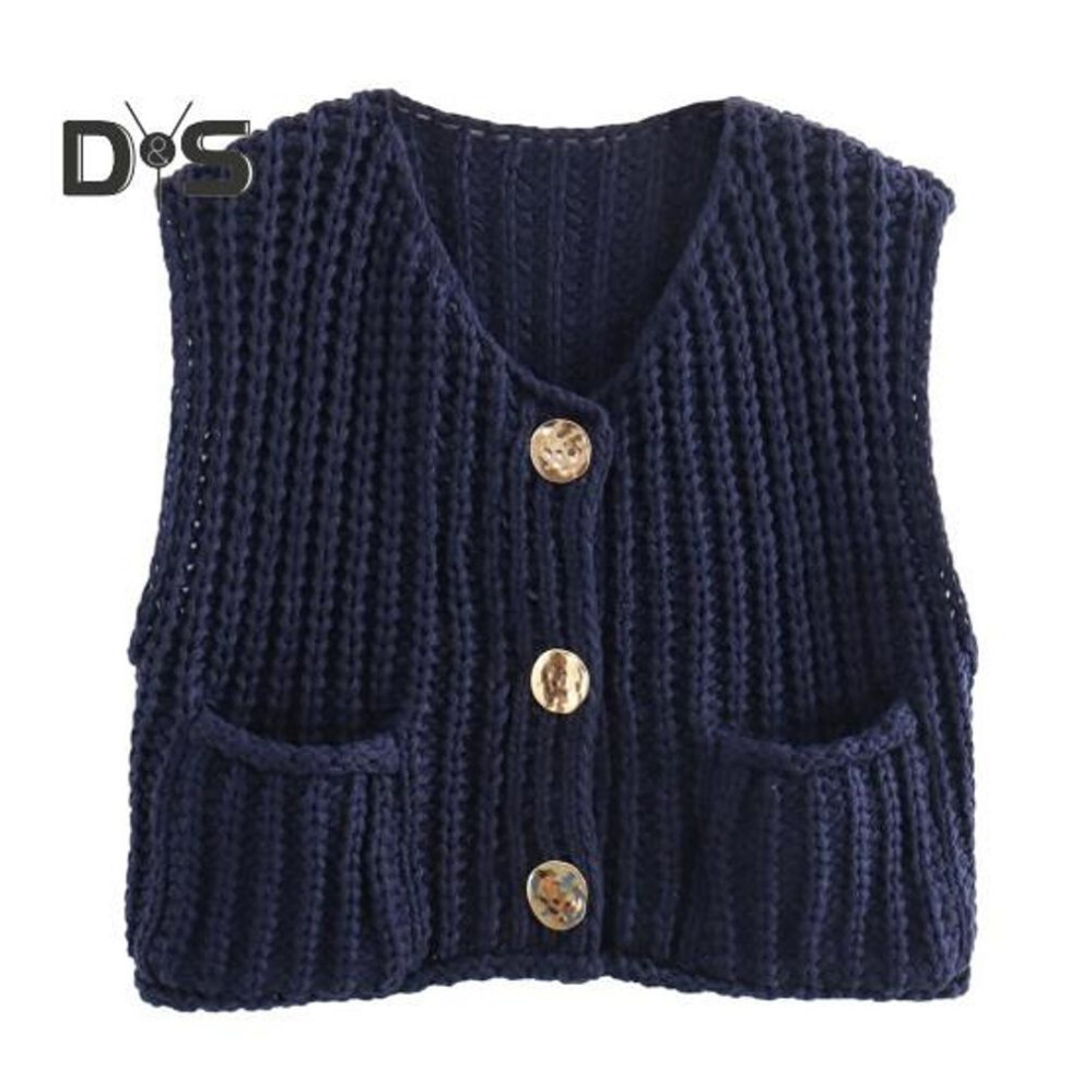 (navy blue, S) Women Knitting Vest V-Neck Sleeveless Vest Coat with Pockets Spring Autumn Knitted Cardigan Daily Wear