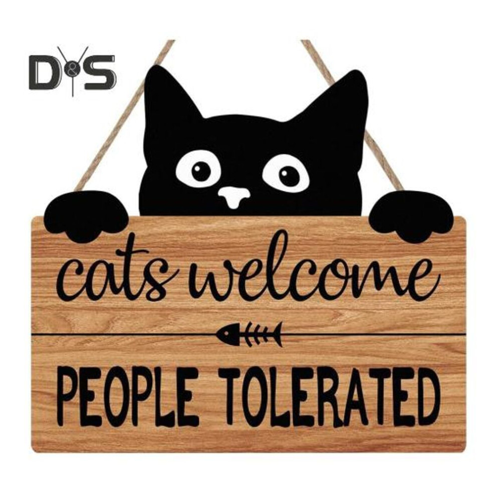 Cat Welcome People Tolerated Sign Front Door Wall Hanging Wooden Plaque Hanger Black Kitten Doorplate Decoration Festival Present