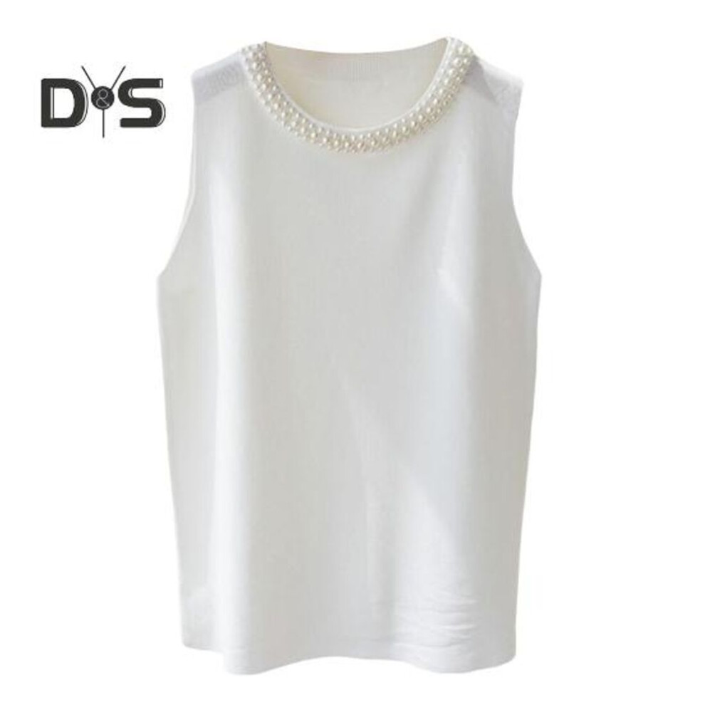 (white) Women Knitting Vest Round Neck Sleeveless Faux Pearls Decor Tank Tops Slim Fit Solid Color Stretchy Tops