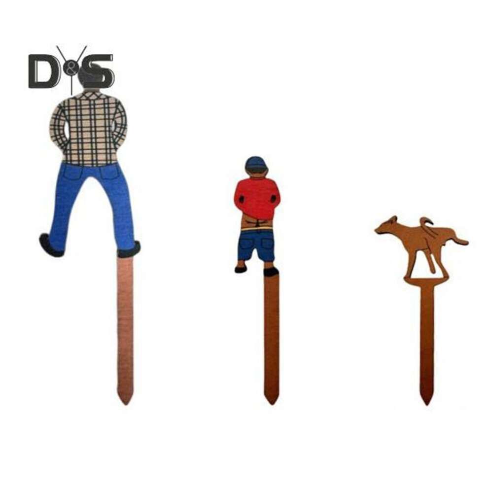 (as the picture, L) 3pcs Peeing Man Flowerpot Stake Weather-proof Heavy Duty Wooden Mini Pee Boy Dog Plant Stake Spike Stick Indoor Outdoor Planter Pot Decoration