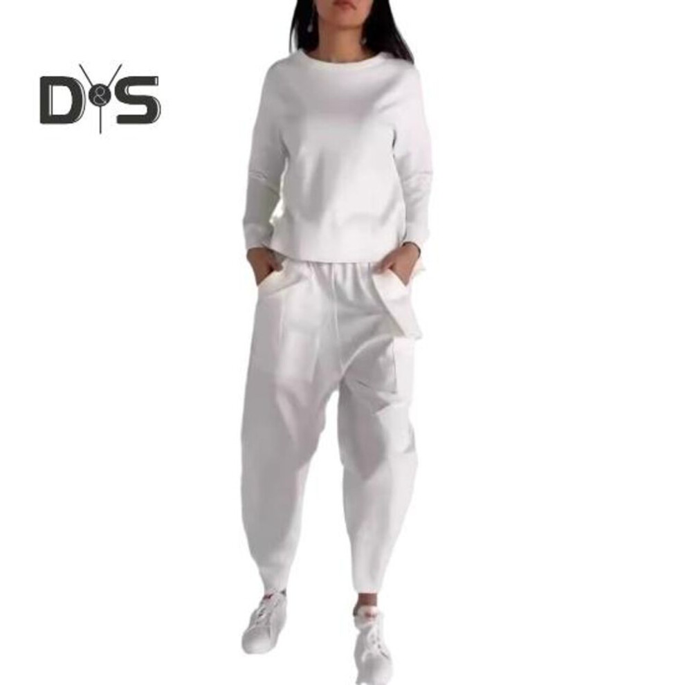 (black, M) 2 Pcs/Set Women Top Pants Set Long Sleeves O Neck T-shirt Elastic Waist Ankle-banded Trousers with Big Pockets OL Commuting Sport Pantsuit Outfit