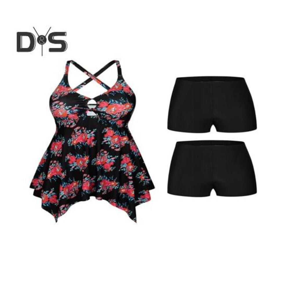 (XXXL, red) 2Pcs/Set Women Tankini Set V-Tie Key Hole Detail Padded Bra High Waist Swimming Trunks Set Beach Vacation Swimsuit