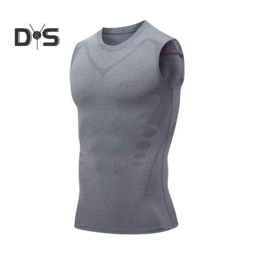 (grey, XXXL) Men Sport Vest Round Neck Sleeveless High Elastic Breathable Tops Muscle Shaping Body Athletic Compression Tank Top