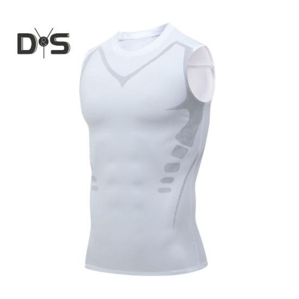 (white, XXXL) Men Sport Vest Round Neck Sleeveless High Elastic Breathable Tops Muscle Shaping Body Athletic Compression Tank Top