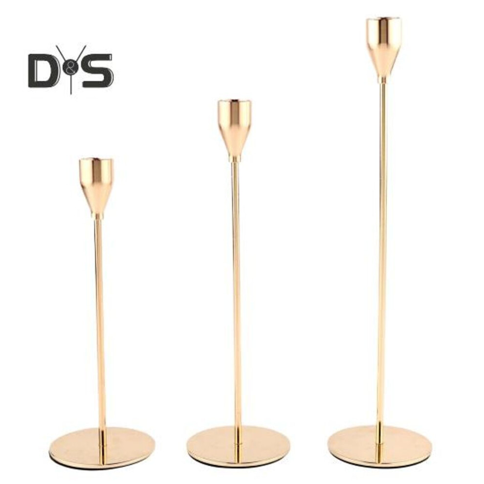 (golden) 3pcs Metal Taper Candle Holder Heavy Duty Electroplating Wedding Festival Party Dining Table Tall Pillar Candle Candlestick Centerpiece Decoration