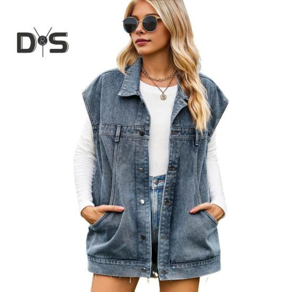 (blue, L) Women Vest Coat Denim Loose Solid Color Single-breasted Cardigan Sleeveless Big Pockets Washed Individual Streetwear Casual Jacket Waistcoat