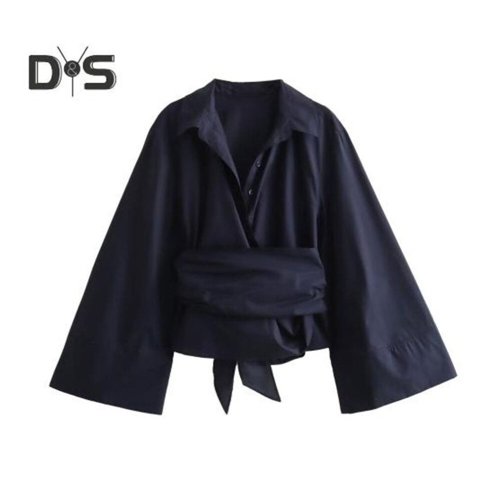 (M, navy blue) Women Shirt Lapel Long Sleeve Lace-Up Button Placket Casual Commuting Style Shirt Top Solid Color Work Tops