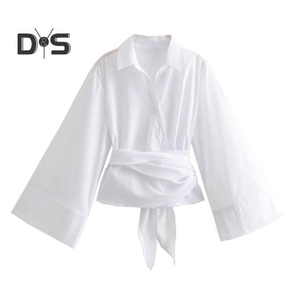 (M, white) Women Shirt Lapel Long Sleeve Lace-up Button Placket Casual Commuting Style Shirt Top Solid Color Work Tops