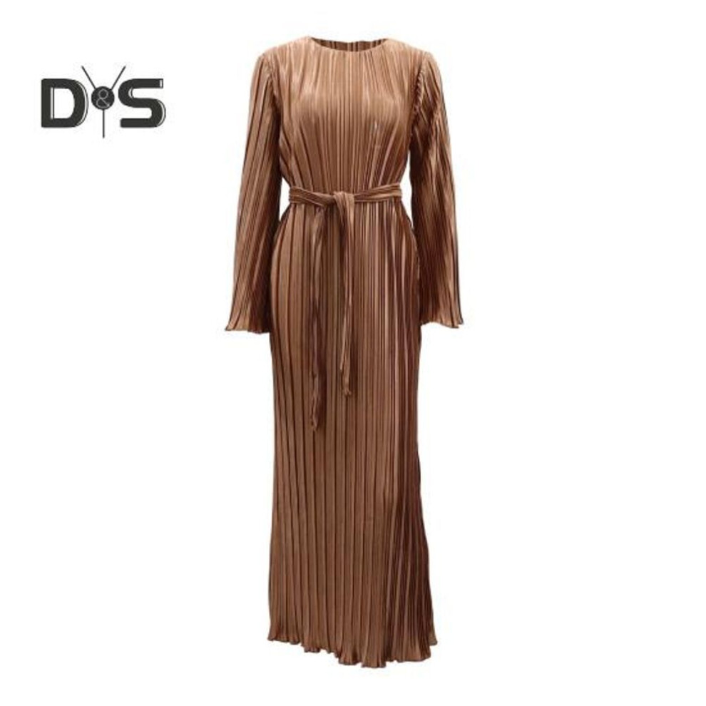 (brown, L) Autumn Spring Women Dress Bell Sleeves Round Neck Striped Pleated Solid Color Slim Fit Lace-up Strap Shirring Edge Prom Party Maxi Dress