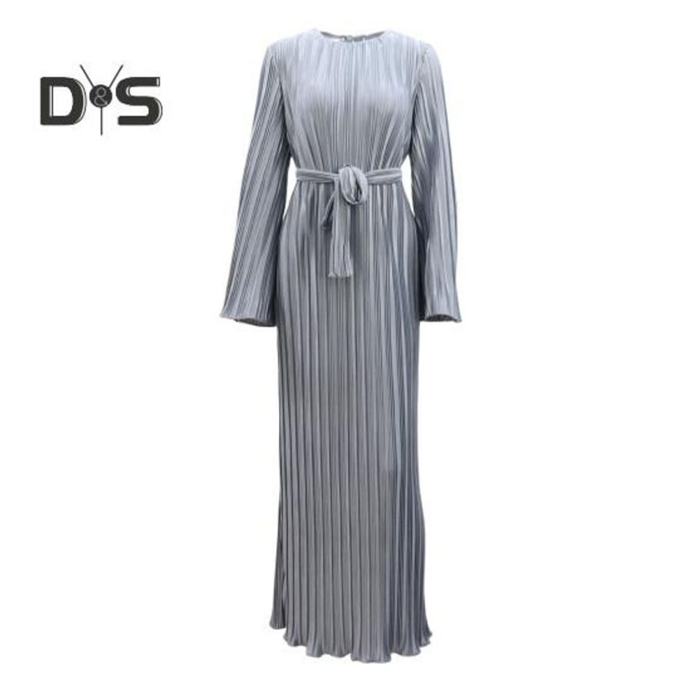 (grey, S) Autumn Spring Women Dress Bell Sleeves Round Neck Striped Pleated Solid Color Slim Fit Lace-up Strap Shirring Edge Prom Party Maxi Dress