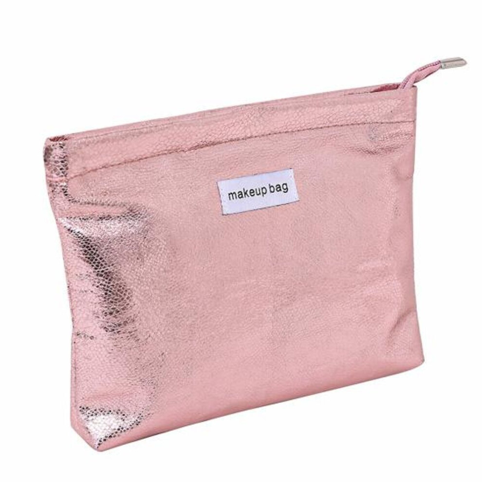 (pink) Cosmetic Bag Thickened Faux Leather Waterproof Solid Color Zipper Large Opening Portable Lightweight Commute Travel Makeup Bag Earphone Key Tampon