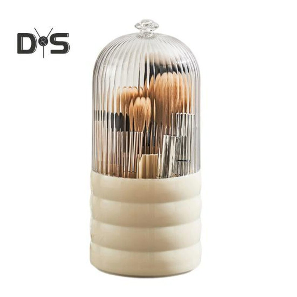 (beige) Makeup Brush Holder Organizer With Lid Anti-slip Base 360-degree Rotating Clear Dustproof Toothbrush Holder Countertop Organizer