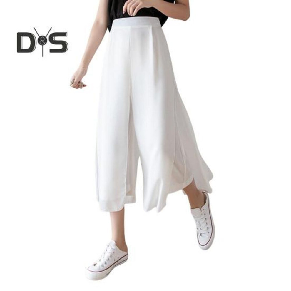 (white, M) Women Skirt Pants Elastic High Waist Wide-leg Culottes Solid Color Fake Two Pieces Chiffon Long Trousers Daily Wear