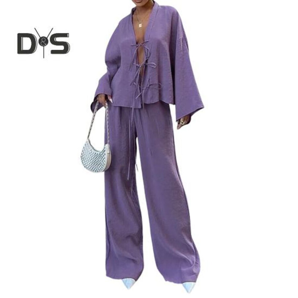 (purple, L) 2 Pcs/set Women Shirt Pants Set Lace-up Cardigan Long Sleeve Blouse Wide Leg Full Length Trousers Homewear Casual Outfit Pajamas Suit