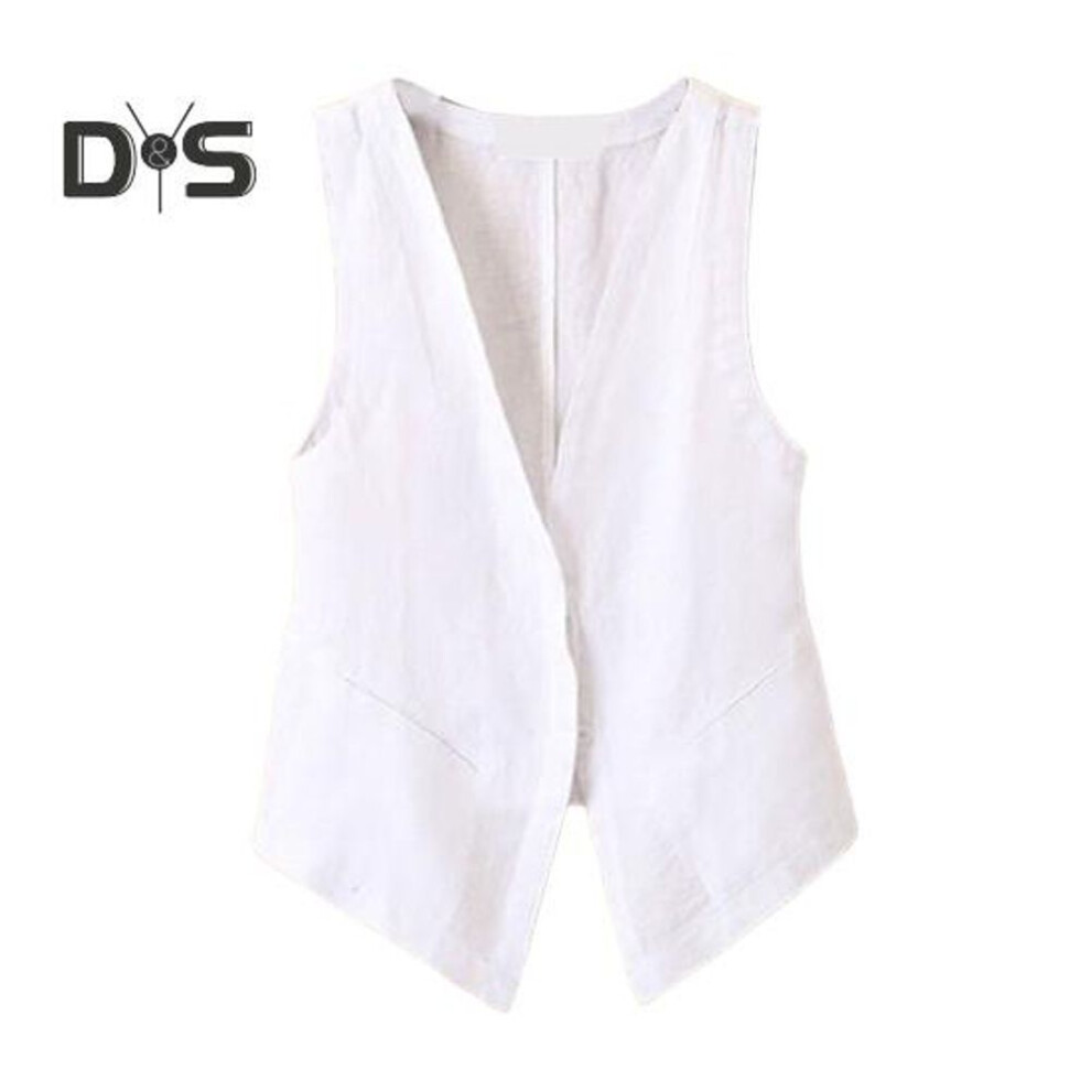 (white, L) Women Vest Sleeveless Single-breasted Short Type Western Style Vintage Cardigan Pure Color Deep V Neck Casual Daily Wear Lady Waistcoat
