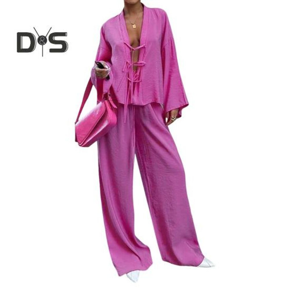 (rose red, L) 2 Pcs/set Women Shirt Pants Set Lace-up Cardigan Long Sleeve Blouse Wide Leg Full Length Trousers Homewear Casual Outfit Pajamas Suit