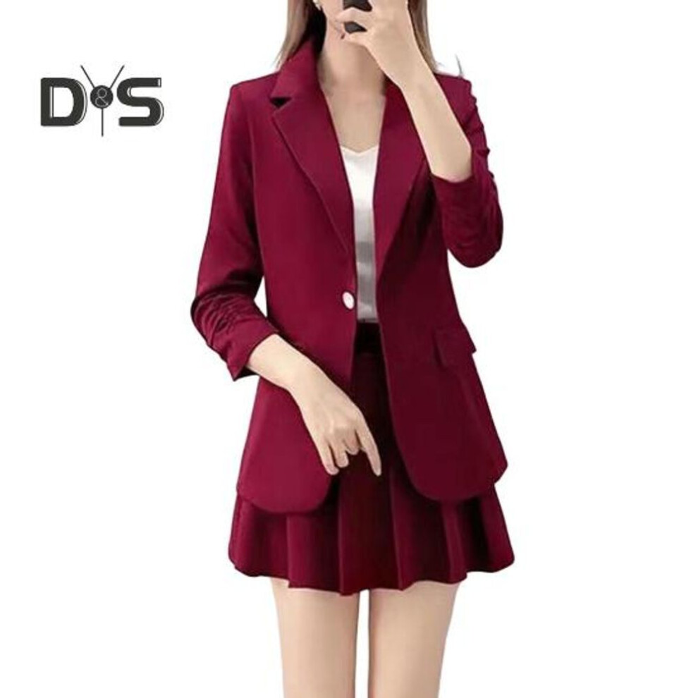 (red, XXXL) 2Pcs/Set Coat Skirt Set Women Spring Autumn Lapel Long Sleeve Single Button Suit Coat Pleated Mini Skirt Set Solid Color Set