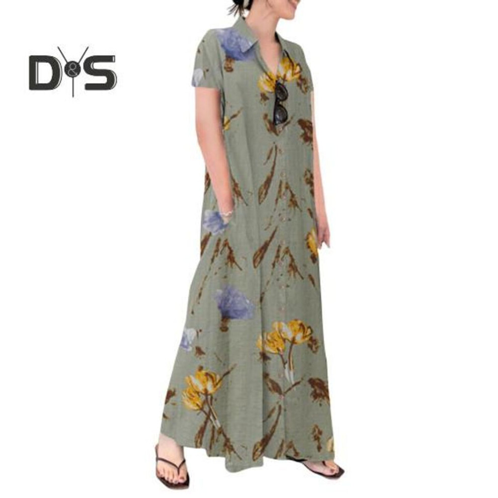 (light green, XL) Women Summer Dress A-line Lapel Loose Floral Printing Shirt Type Short Sleeves Button-down With Side Pockets Ankle Length Long Dress