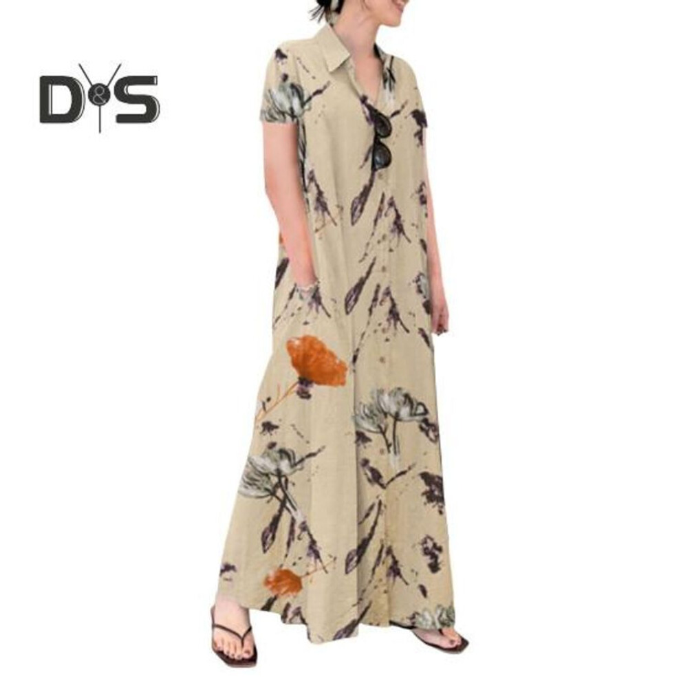 (apricot, 3XL) Women Summer Dress A-line Lapel Loose Floral Printing Shirt Type Short Sleeves Button-down with Side Pockets Ankle Length Long Dress