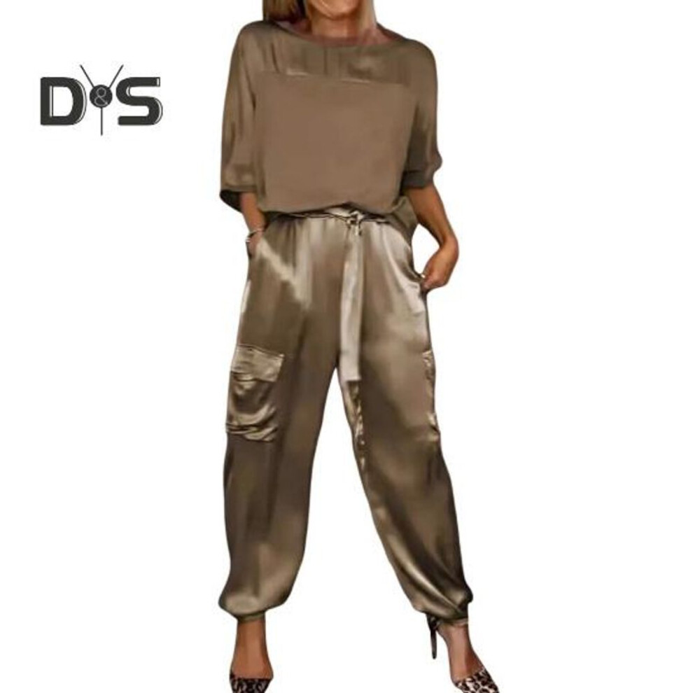 (coffee, M) 2 Pcs/set Women Top Pants Suit Satin Smooth Surface Half Sleeves O Neck Loose T-shirt Lace-up Pure Color Trouser With Pockets Lady Casual Pantsuit