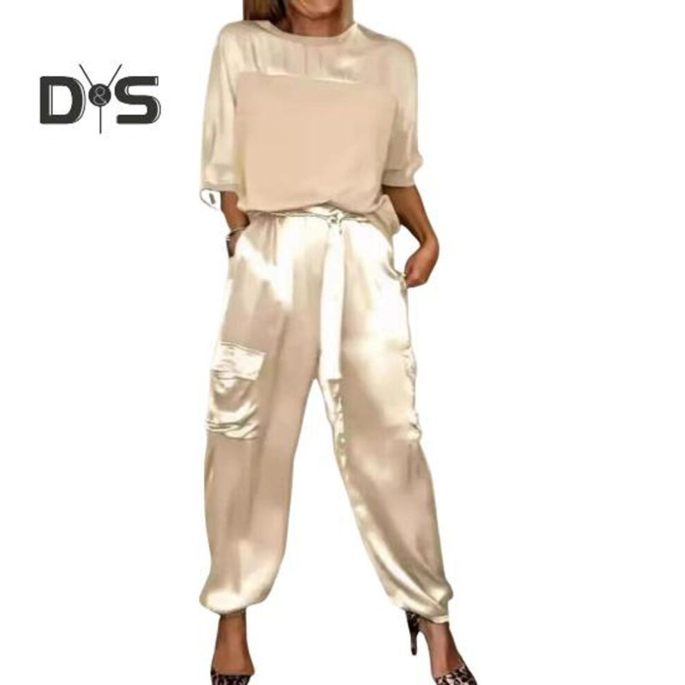 (apricot, 2XL) 2 Pcs/set Women Top Pants Suit Satin Smooth Surface Half Sleeves O Neck Loose T-shirt Lace-up Pure Color Trouser With Pockets Lady Casual Pantsuit