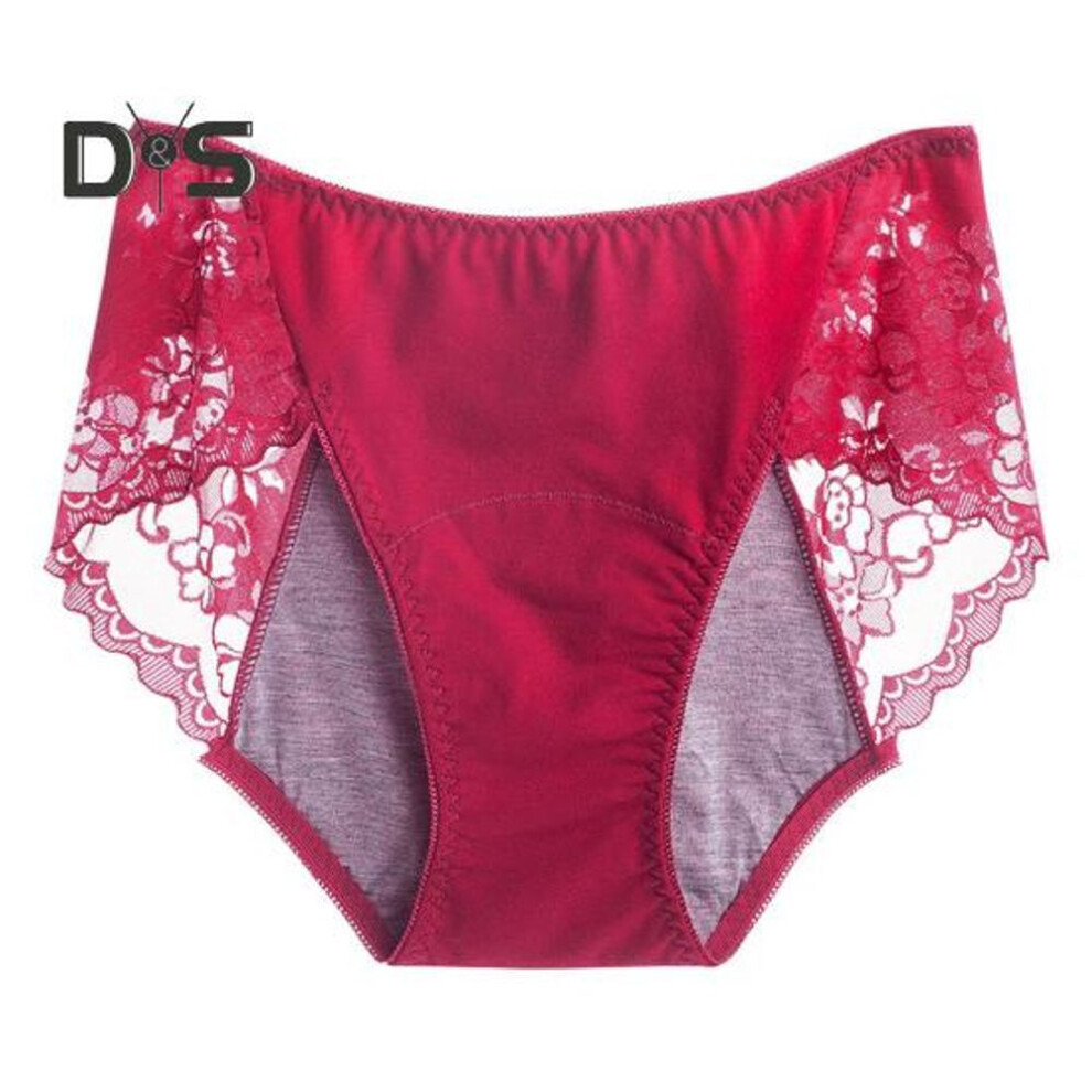 (wine red, L) Women Menstrual Panties Lace Solid Color Plus Size Butt-lifted Mid Waist Seamless Elastic Period Leakproof Briefs Underpants Female Underwear