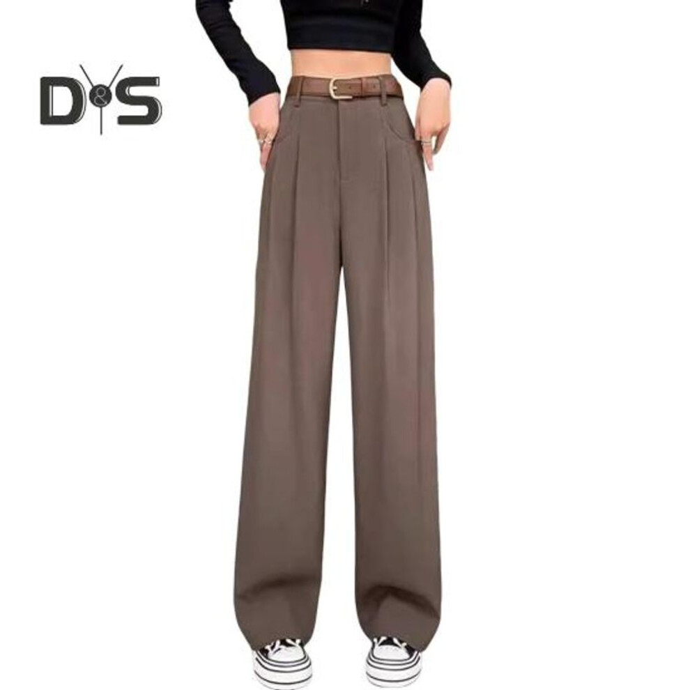 (coffee, L) Women Long Pants Button Zipper Fly High Waist Office Lady Trousers With Pockets Solid Color Straight Wide Leg Suit Pants