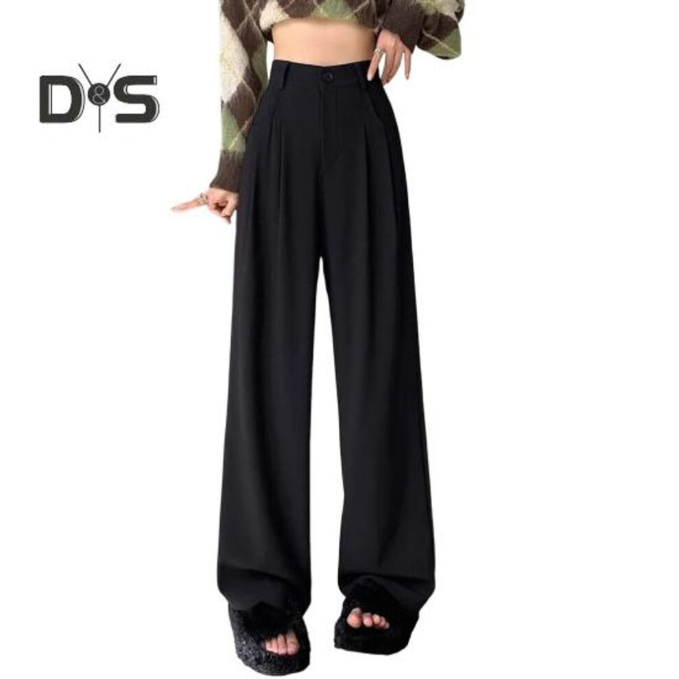 (black, XXL) Women Long Pants Button Zipper Fly High Waist Office Lady Trousers With Pockets Solid Color Straight Wide Leg Suit Pants