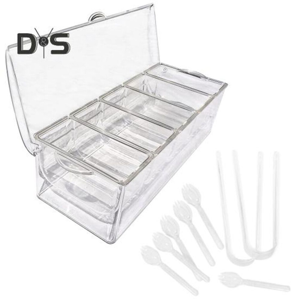 Clear Food Container With Lid Clip Spoon 5 Compartments Outdoor Picnic Fruits Vegetables Freshness Keeping Spice Condiment Storage Box Divided Tray