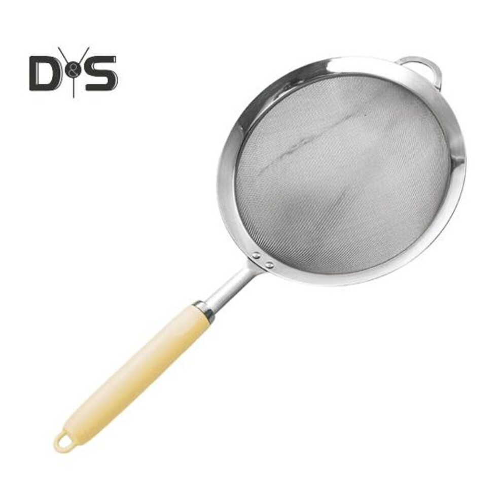 (yellow, S) 304 Stainless Steel Mesh Strainer Ergonomic Handle Fine Mesh Filter Spoon Wire Flour Sifter Sieve Metal Colander Skimmer Kitchen Supplies