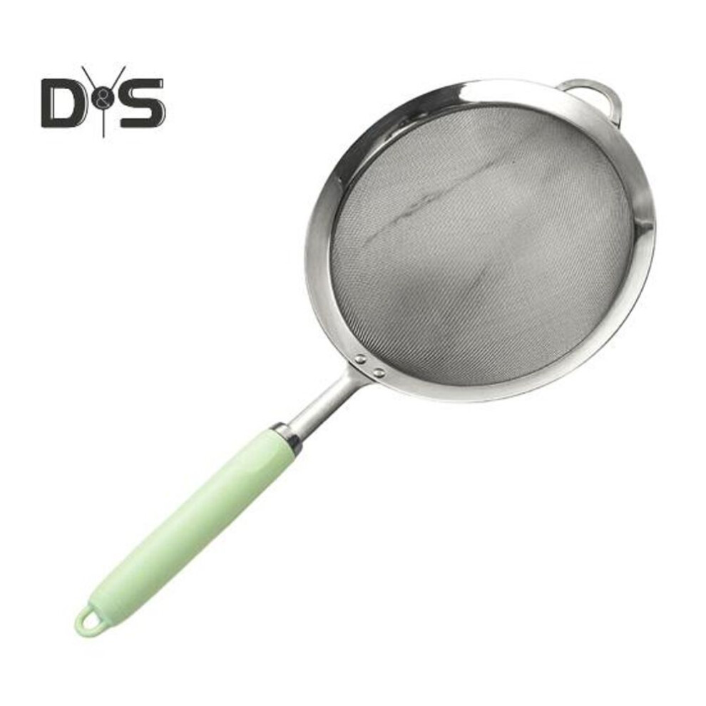 (green, S) 304 Stainless Steel Mesh Strainer Ergonomic Handle Fine Mesh Filter Spoon Wire Flour Sifter Sieve Metal Colander Skimmer Kitchen Supplies