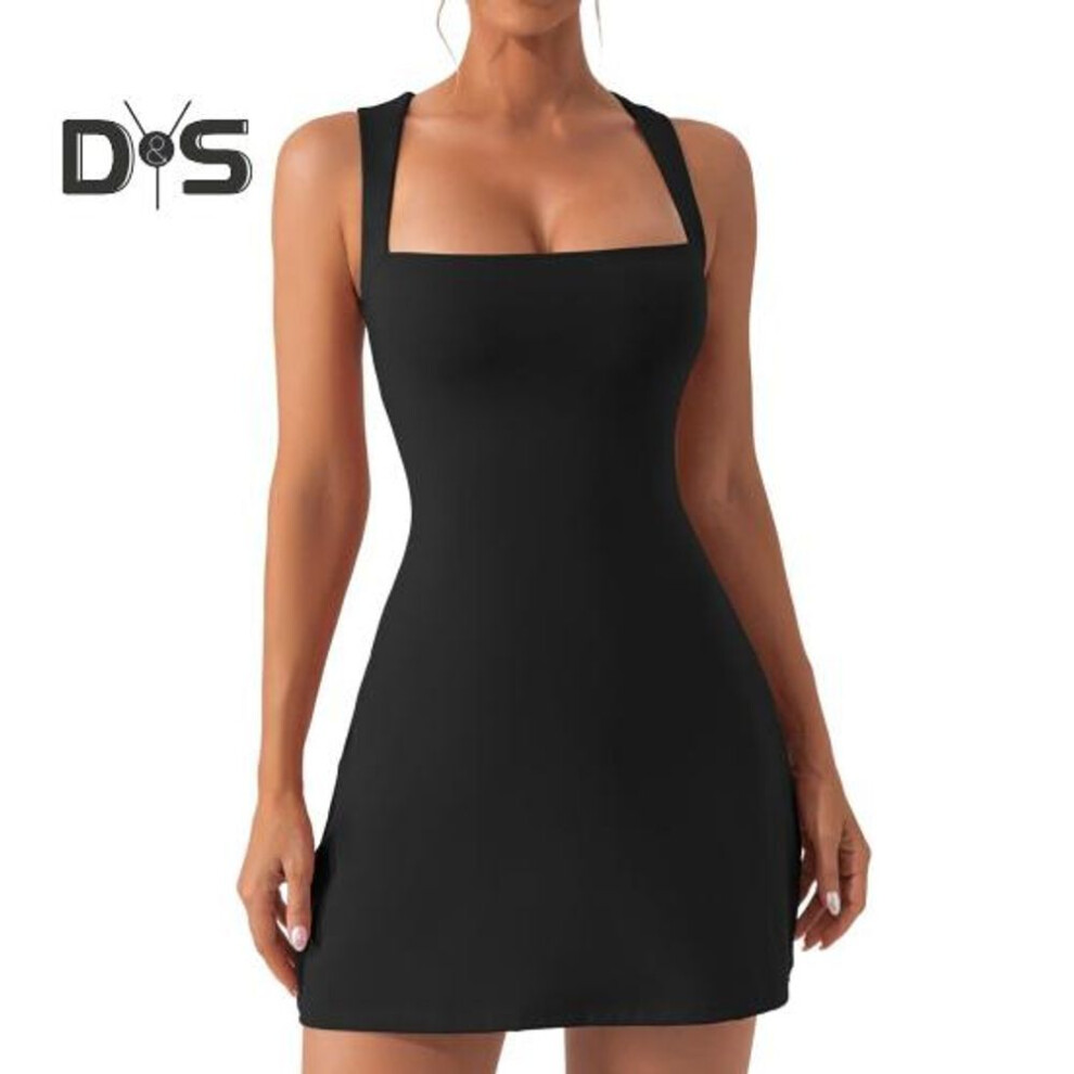 (black, S) Women Mini Dress Square Neck Sleeveless Backless High Elasticity Sheath Solid Color Above Knee Length High Waist Skinny Bodycon Dress