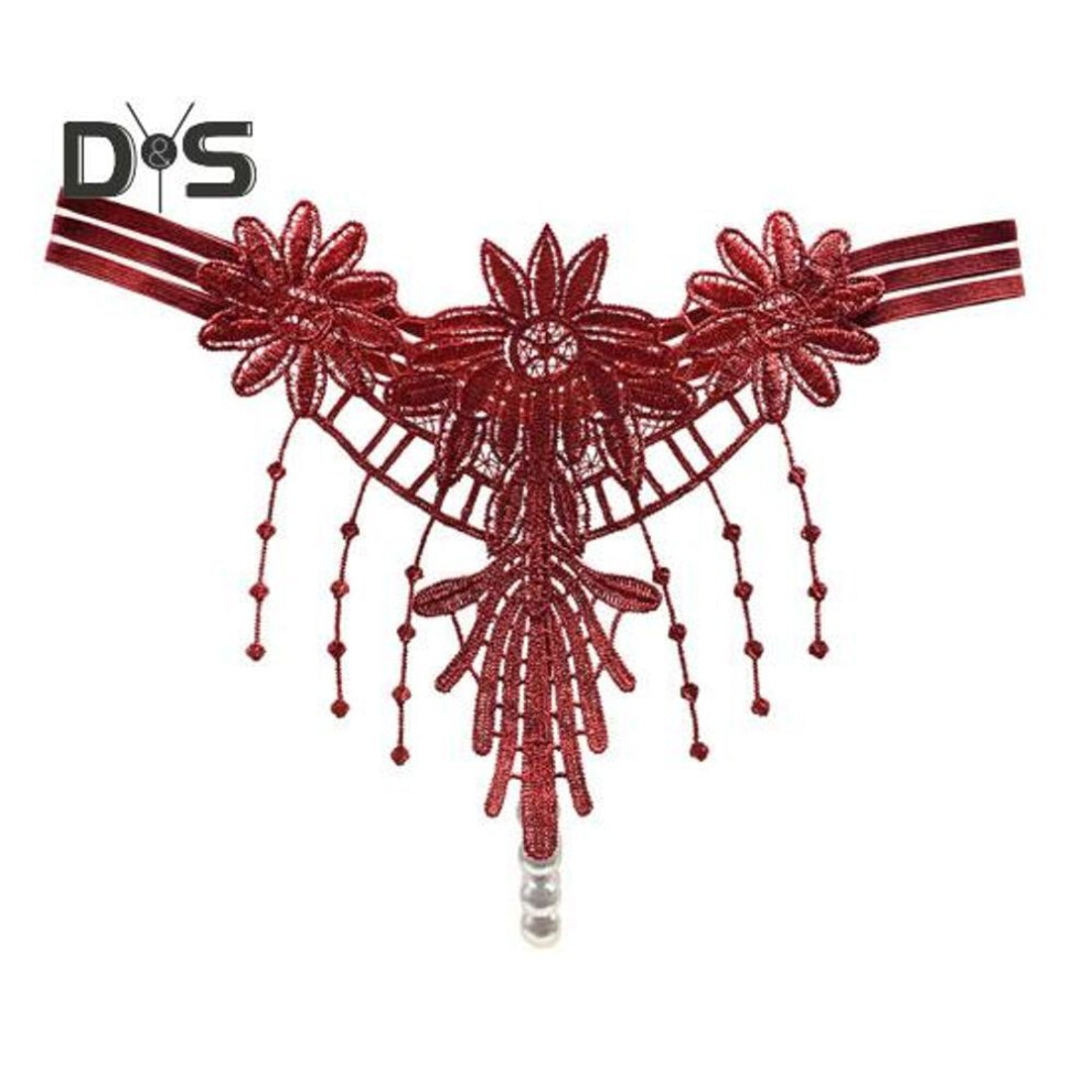 (wine red) Women G string Flower Embroidery Tassel Solid Color Hollow Out Faux Pearl Decor Spaghetti Strap Slutty Pornographic Women Thong