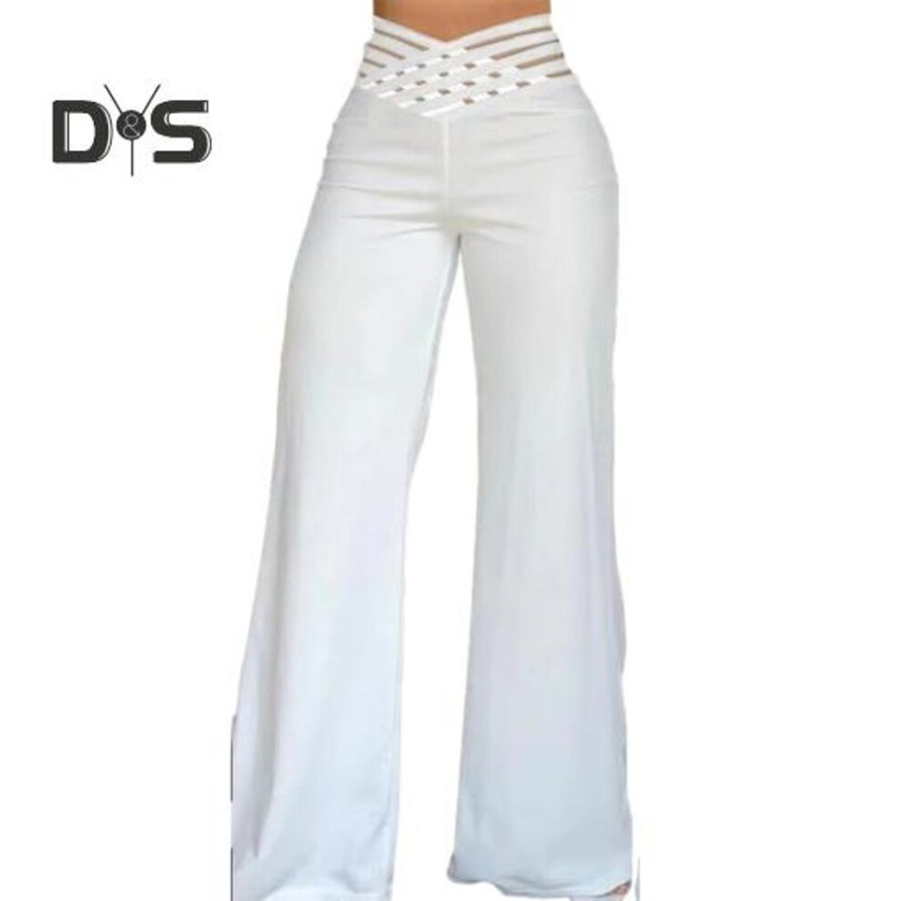 (white, 3XL) Women Hollow Wide Waistband Long Pants High Waist Solid Color Wide Leg Flared Trousers Yoga Sport Gym Pants