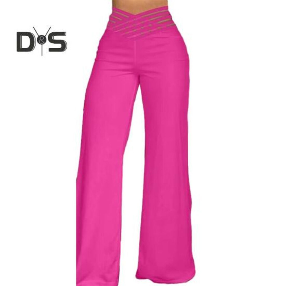 (rose red, 3XL) Women Hollow Wide Waistband Long Pants High Waist Solid Color Wide Leg Flared Trousers Yoga Sport Gym Pants