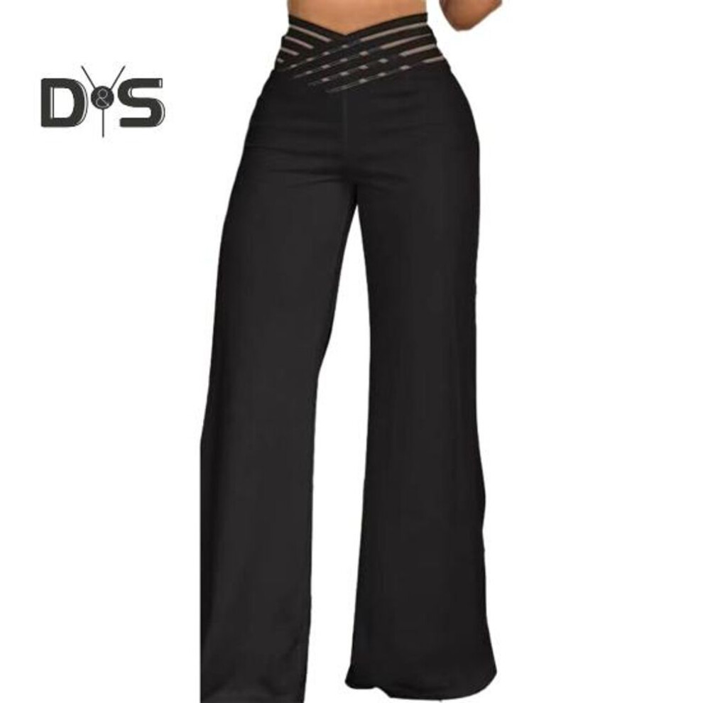 (black, XL) Women Hollow Wide Waistband Long Pants High Waist Solid Color Wide Leg Flared Trousers Yoga Sport Gym Pants