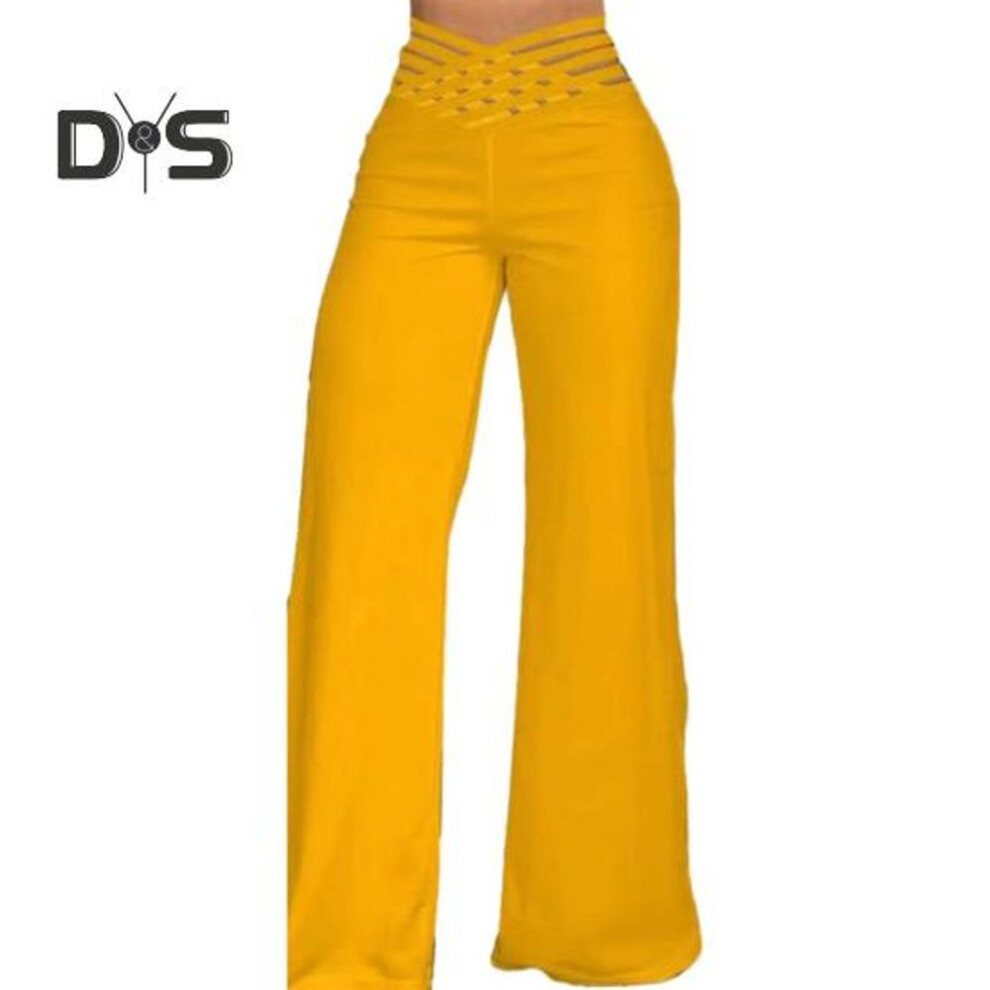 (yellow, S) Women Hollow Wide Waistband Long Pants High Waist Solid Color Wide Leg Flared Trousers Yoga Sport Gym Pants