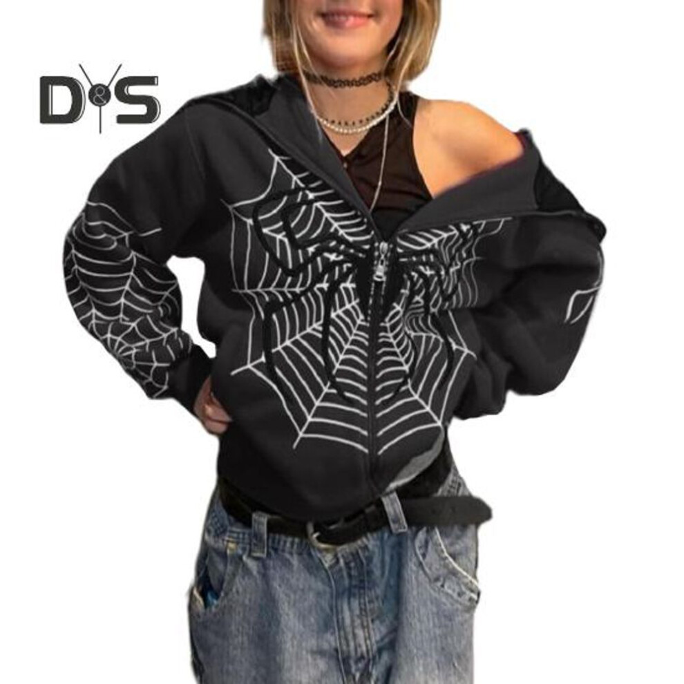 (L, black) Women Hoodies Spider Web Printed Punk Jackets Streetwear Gothic Style Vintage Zip Up Hooded Coat Autumn Winter Clothing