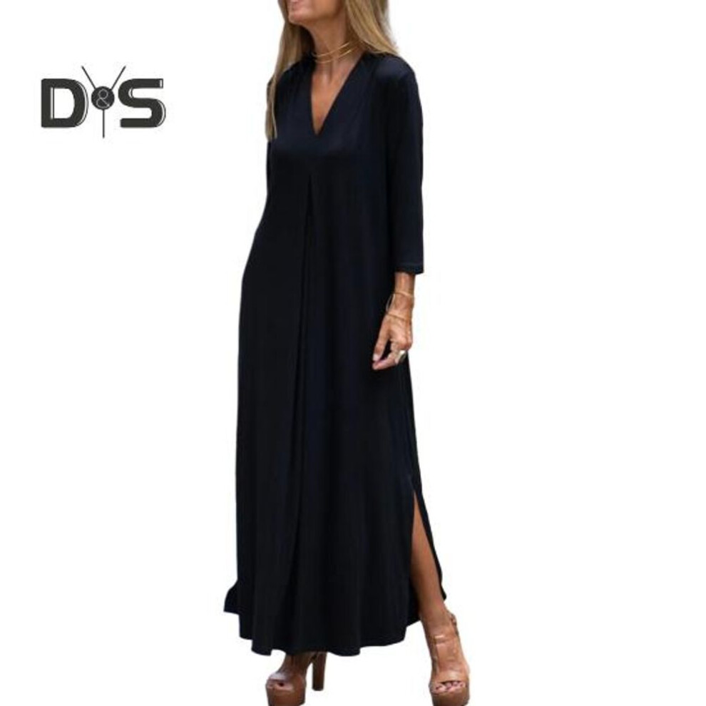 (black, L) Women Dress V Neck Loose Solid Color Side Split Hem Three Quarter Pleated Sleeve Knitted Soft Casual Soft Breathable Ankle Length Maxi Dress