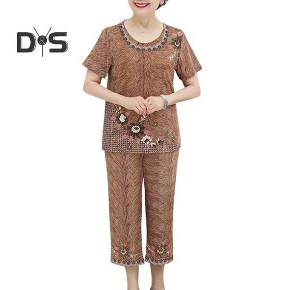 (khaki, XL) 2pcs/set Grandma T Shirt Pants Suit Summer Short Sleeve O Neck Elegant Flower Print Breathable High Elastic Elderly Women Mom Top Cropped Trousers Kit