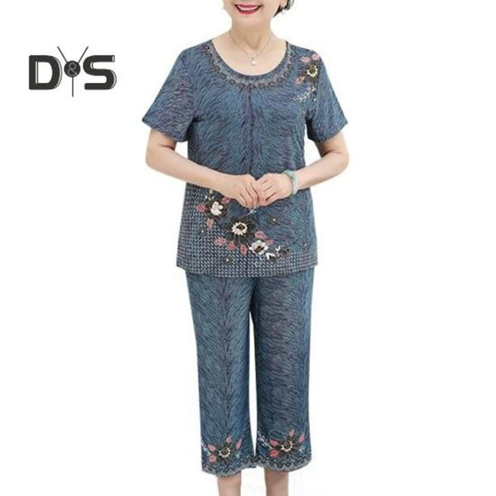 (blue, XL) 2Pcs/Set Grandma T shirt Pants Suit Summer Short Sleeve O Neck Elegant Flower Print Breathable High Elastic Elderly Women Mom Top Cropped Trousers Kit